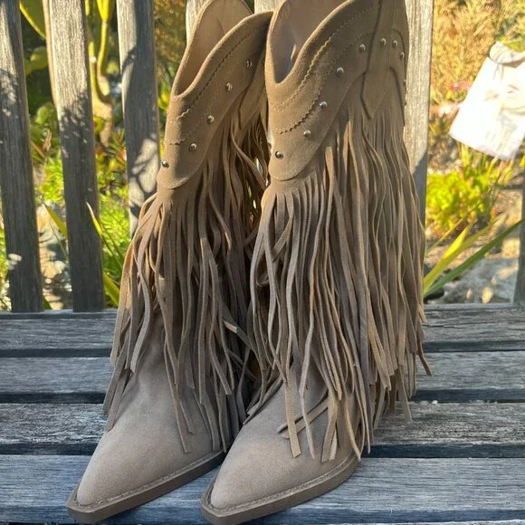 Forever Beige Faux New Suede/Leather Layered Fringe Boots, Size 9 - Picture 2 of 11